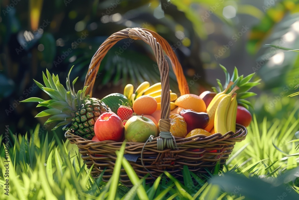 Basket of tropical fruits on green grass. Basket of tropical fruits on green grass.