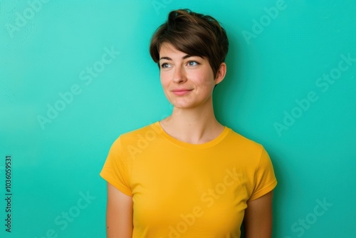 Confident Woman in Yellow T-Shirt Against Vibrant Teal Background for Modern Design