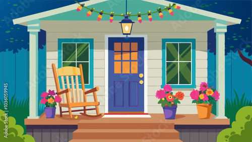 The cottages front porch is adorned with a wooden rocking chair and a hanging basket of vibrant flowers welcoming guests with a warm homey feel.