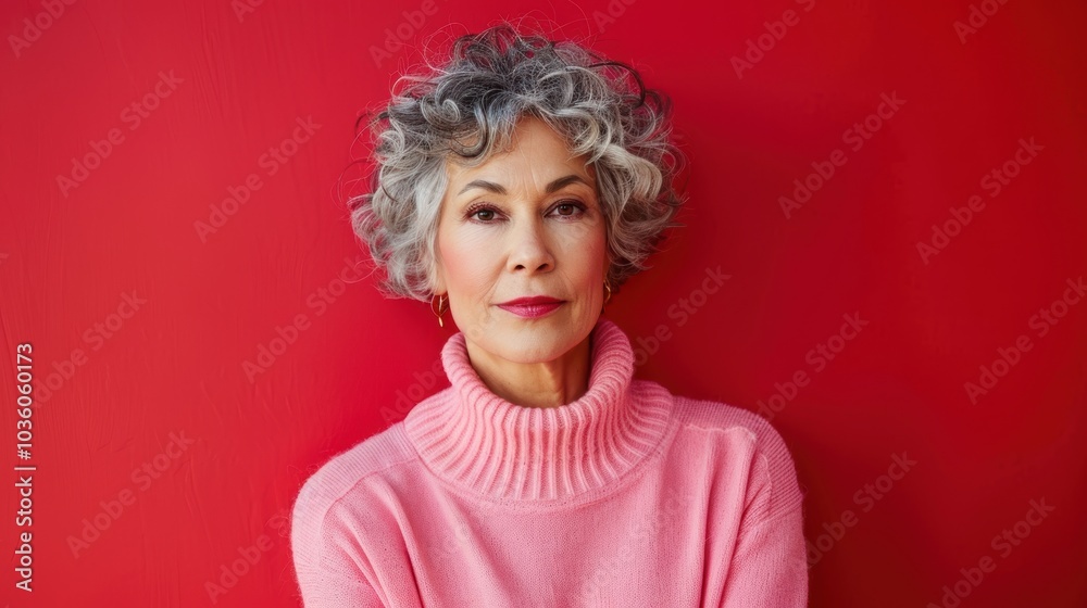 Confident Mature Woman in Pink Sweater Against Bold Red Background for Portrait Design Confident Mature Woman in Pink Sweater Against Bold Red Background for Portrait Design