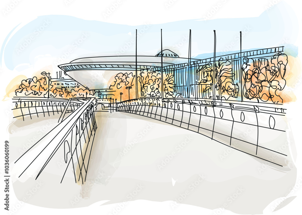 Sport arena in Katowice called Spodek, during the autumn Silesia, Poland - vector illustration