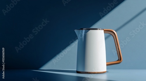 A minimalist electric kettle with a wooden handle on a cobalt blue background, creating a striking contrast with clean shadows photo