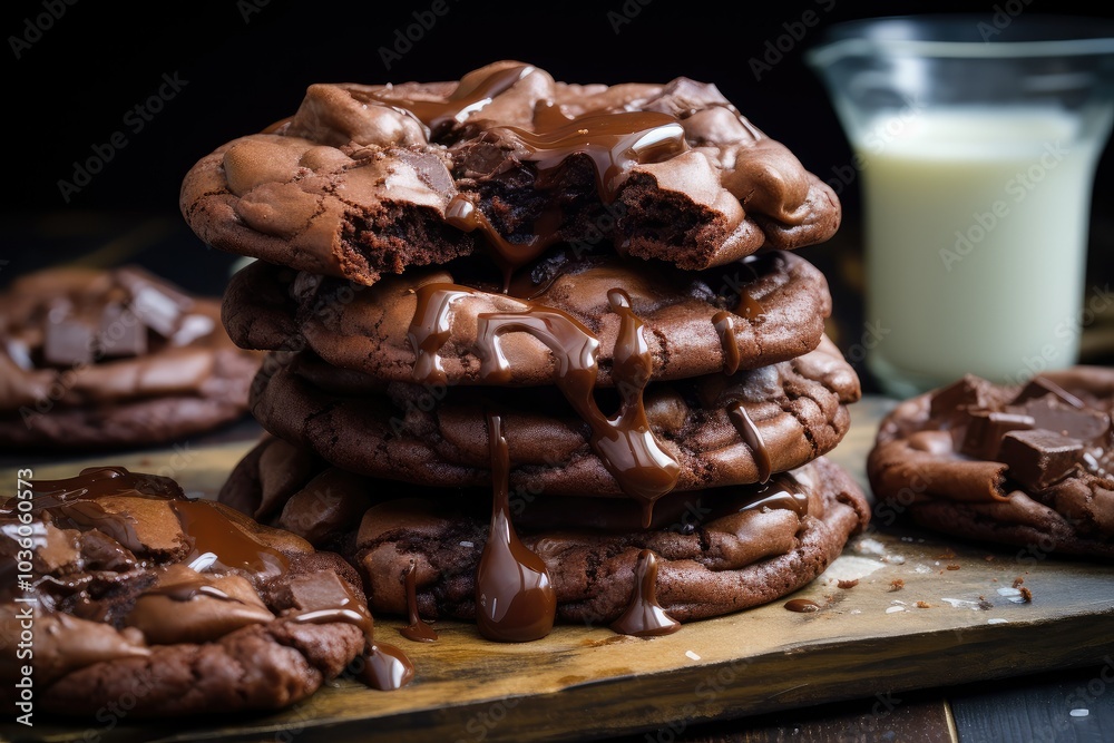 Rich double chocolate cookies are piled high with gooey melted chocolate oozing from the surface accompanied by a glass of milk perfect for dessert Rich double chocolate cookies are piled high with gooey melted chocolate oozing from the surface accompanied by a glass of milk perfect for dessert