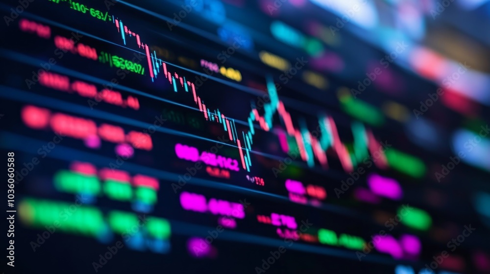 A digital display showing fluctuating stock market data and trends. A digital display showing fluctuating stock market data and trends.