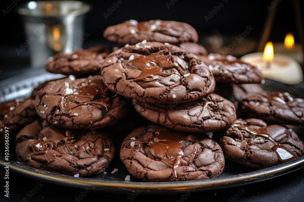 A tempting display of freshly baked double chocolate cookies glistening with melted chocolate and sprinkled with salt inviting indulgence and enjoyment