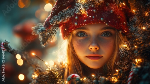 a woman in a christmas background with a santa hat