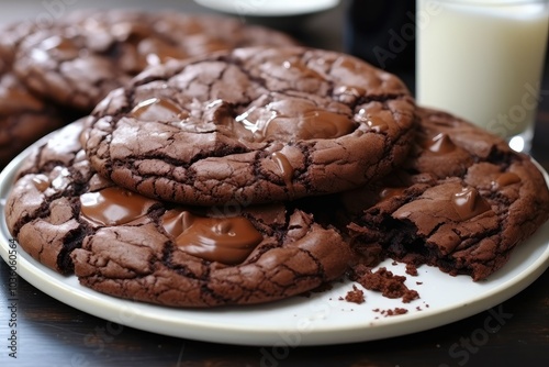 Thick double chocolate cookies are arranged on a white plate showcasing melted chocolate chunks alongside a refreshing glass of milk