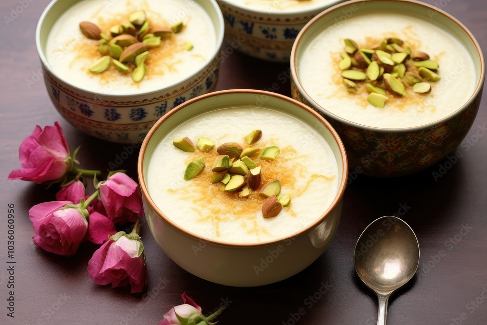 Creamy rice pudding is presented in elegant bowls garnished with almonds and pistachios alongside fresh rose petals perfect for a festive occasion Creamy rice pudding is presented in elegant bowls garnished with almonds and pistachios alongside fresh rose petals perfect for a festive occasion