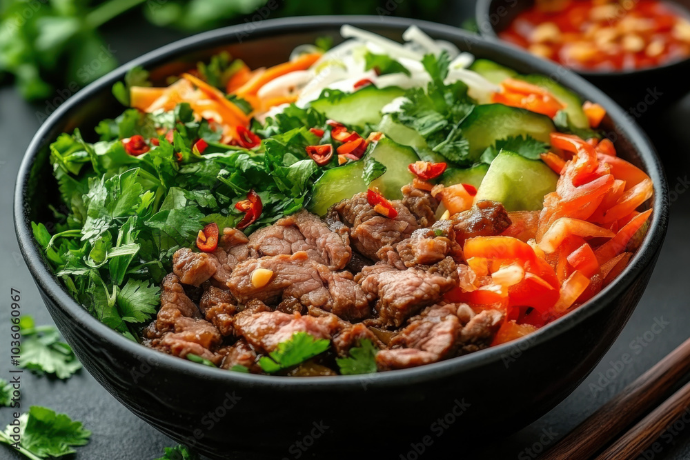 Vietnamese cuisine in Asian kitchen Beef Bo bun with salad and fresh herbs Vietnamese cuisine in Asian kitchen Beef Bo bun with salad and fresh herbs