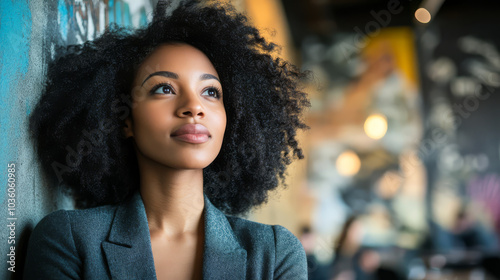 confident woman with curly hair gazes thoughtfully in modern cafe, surrounded by blurred lights and abstract art. Her expression reflects ambition and contemplation