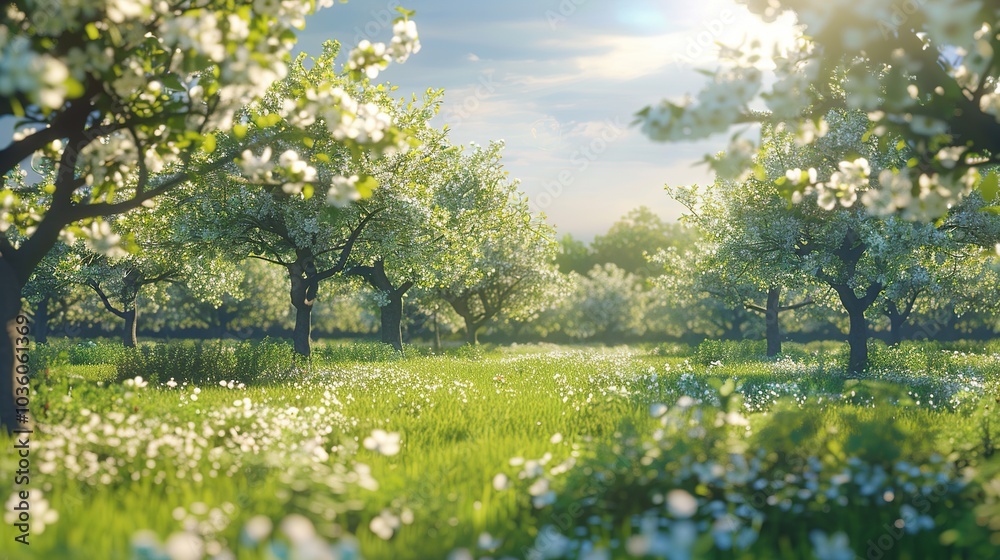 Obraz premium Sunny orchard with blossoming fruit trees and lush green grass