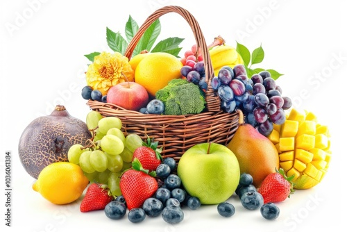 Assorted fruits in wicker basket on white background.