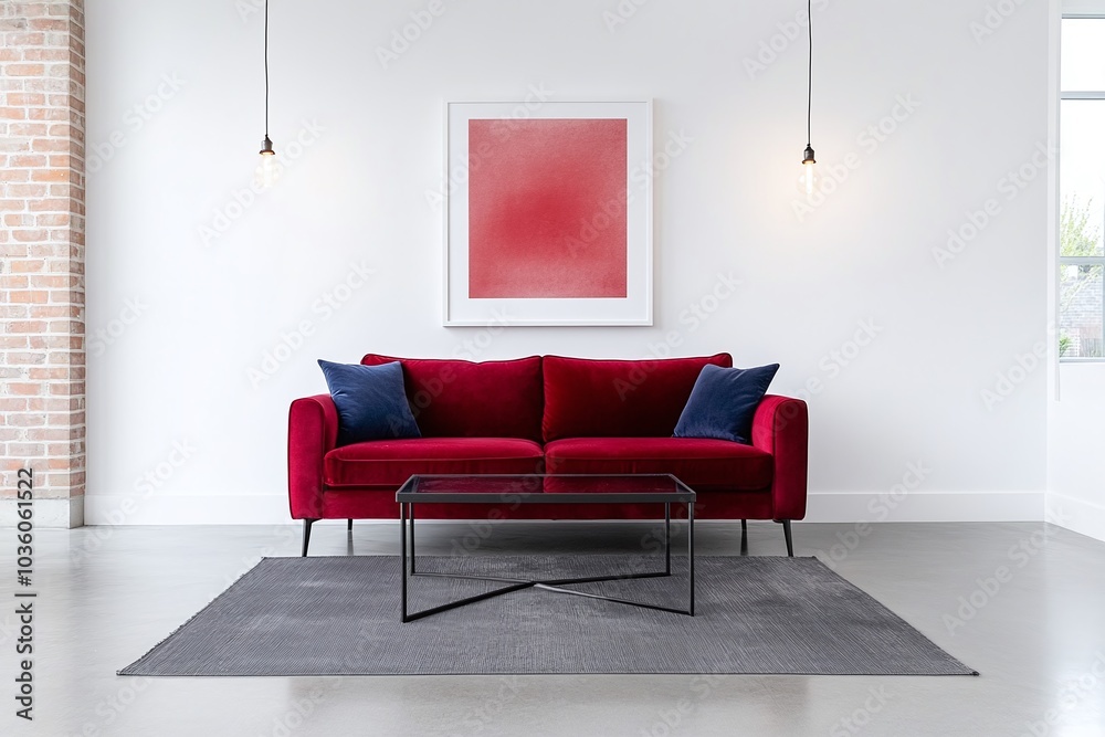 Fototapeta premium Modern minimalist living room with a red velvet sofa, black metal coffee table, abstract red wall art, industrial-style pendant lights, neutral background, contemporary interior design, stylish and el