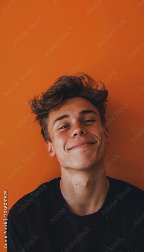 Playful Young Man Against Vibrant Orange Background - Fun Portrait for Design and Posters Playful Young Man Against Vibrant Orange Background - Fun Portrait for Design and Posters