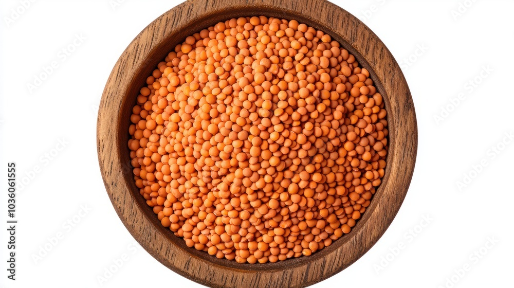 Close-up view of red lentils in a wooden bowl, transparent background, png image, top view Close-up view of red lentils in a wooden bowl, transparent background, png image, top view