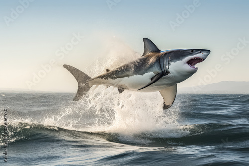 Shark is leaping out of the water, creating a splash. Concept of power and danger, as the shark is a formidable predator in the ocean