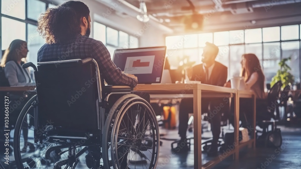 A diverse business meeting with a person in a wheelchair engaged in discussion. A diverse business meeting with a person in a wheelchair engaged in discussion.