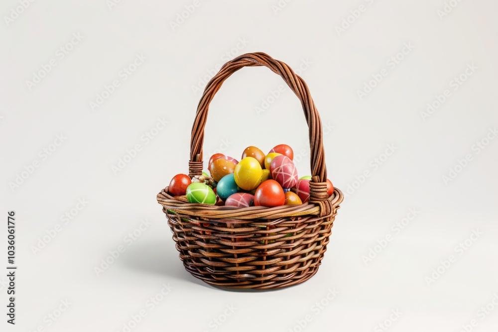 Easter basket filled with colorful eggs on a white background Easter basket filled with colorful eggs on a white background
