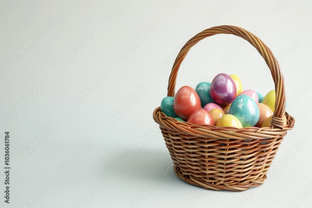 Easter basket filled with colorful eggs on a white background Easter basket filled with colorful eggs on a white background
