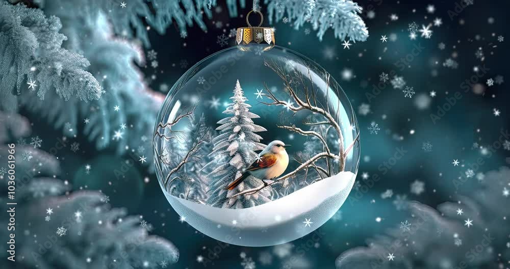 Decorative crystal clear glass ball hanged in snowy forest with little bird inside. Winter seasonal 4K loop animation for advertisement.
