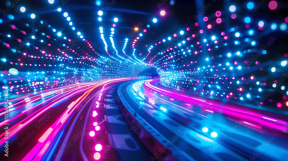 a vivid, dynamic scene of light trails, predominantly in shades of blue and pink. The lights create a sense of motion, suggesting a fast-paced environment a vivid, dynamic scene of light trails, predominantly in shades of blue and pink. The lights create a sense of motion, suggesting a fast-paced environment