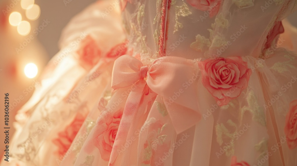 Elegant pink floral dress close-up, showcasing delicate rose patterns and soft fabric bows for girlhood design Elegant pink floral dress close-up, showcasing delicate rose patterns and soft fabric bows for girlhood design