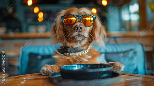 Cool Dog Wearing Sunglasses Relaxing in Cafe
 photo