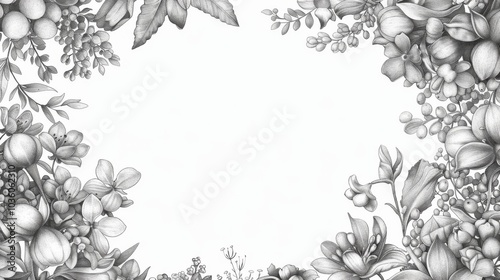 Black lines flowers magnolia, floral frame border for greeting card, invitation and other printing design. Isolated on white. Hand drawing