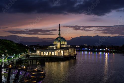 Darul Hana Bridge with New Kuching India Mosque in background (Masjid Terapung Sarawak, Masjid India Bandar Kuching). photo