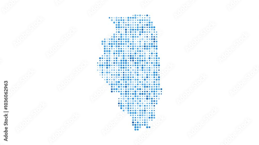 Illinois dotted digital map. Map of Illinois with pulsating colored circles. Shape of the US state filled with blue disks. Astonishing video.