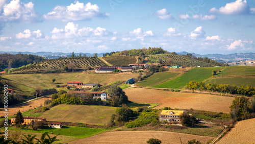 Panorama of the Monferrato hills, from the garden of Castell’Alfero (Italy, Piedmont Region, Asti Province). This area is world famous for its valuable red wines and is UNESCO Site since 2014.