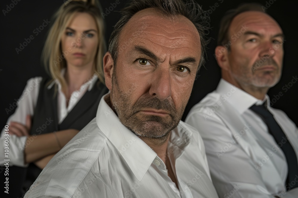 Portrait of a serious man in a white shirt and three women behind him on a black background Portrait of a serious man in a white shirt and three women behind him on a black background