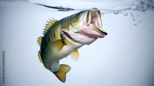 Big bass jumps out of the water for bait realism illustration.