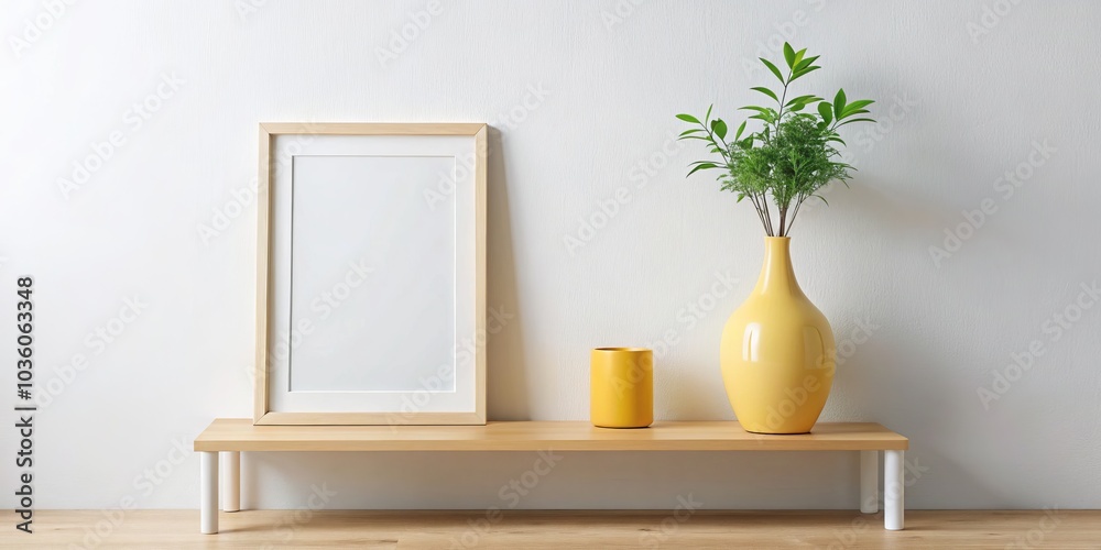 Fototapeta premium Minimalist Shelf with Picture Frame and Vase, Minimalism, Home Decor, Interior Design