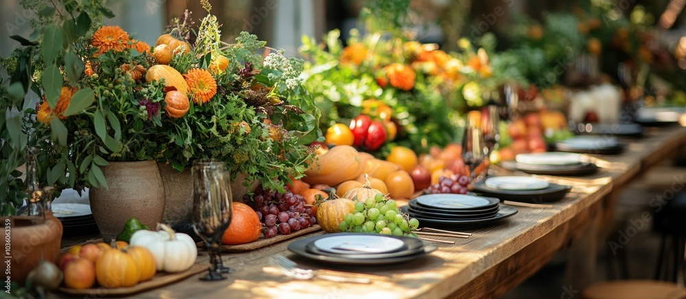 Rustic wooden table set for an outdoor dinner party with a centerpiece of fresh fruits, vegetables and flowers. Rustic wooden table set for an outdoor dinner party with a centerpiece of fresh fruits, vegetables and flowers.