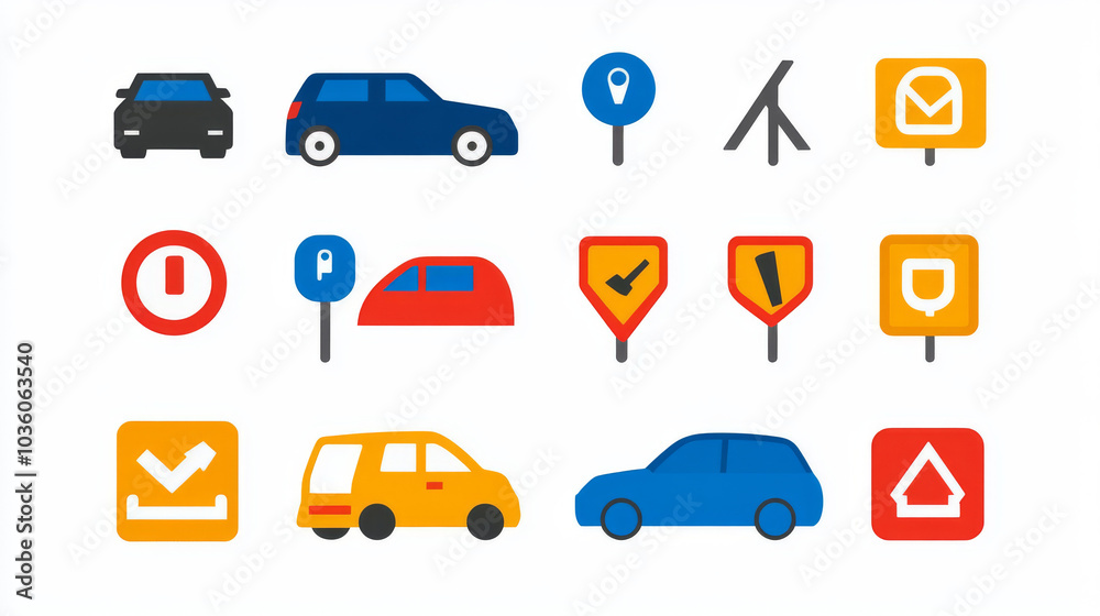 A collection of parking symbols, including a car parking icon. These signs are meant to be used for parking and traffic regulations and are shown against a white background. A collection of parking symbols, including a car parking icon. These signs are meant to be used for parking and traffic regulations and are shown against a white background.