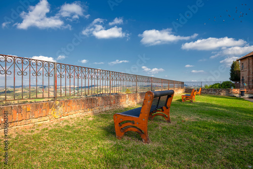 Panorama of the Monferrato hills, from the garden of Castell’Alfero (Italy, Piedmont Region, Asti Province). This area is world famous for its valuable red wines and is UNESCO Site since 2014.