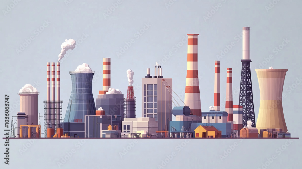 Obraz premium A collection of power plants that create electricity. These factories are part of heavy industry and are shown in a simple, colorful illustration.