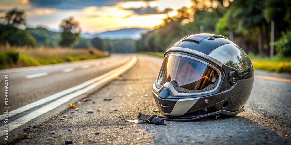 Fototapeta premium Motorcycle Helmet on a Winding Road, Sunset, Adventure, Road Trip, Helmet, Motorcycle, Journey
