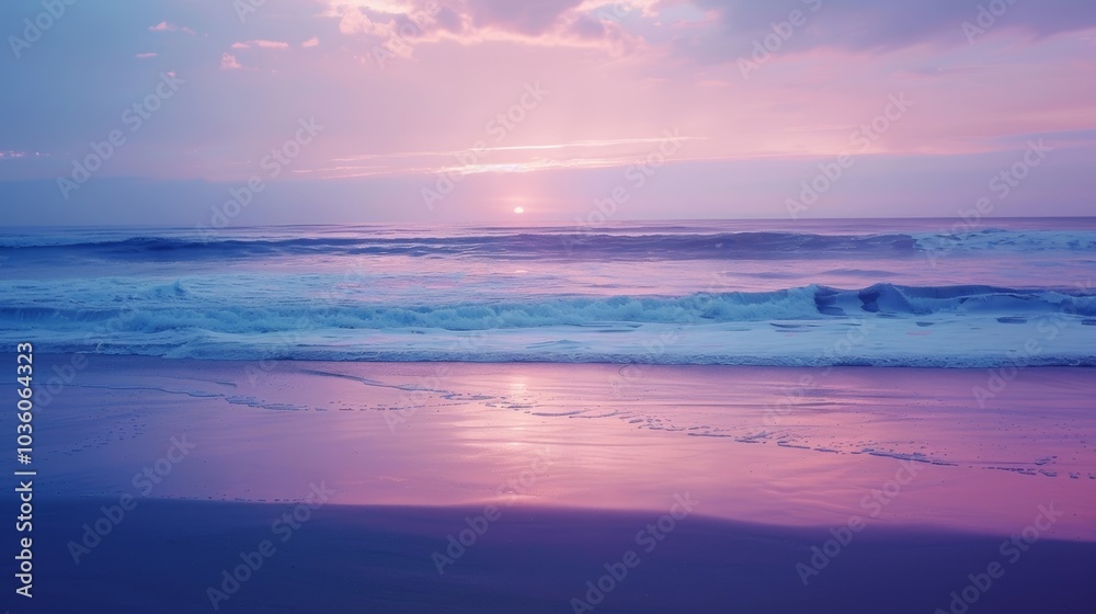 A soft and grainy gradient of moody blues and purples fade into a serene and sandy beach mirroring the beauty of a grainy ocean sunset. A soft and grainy gradient of moody blues and purples fade into a serene and sandy beach mirroring the beauty of a grainy ocean sunset.