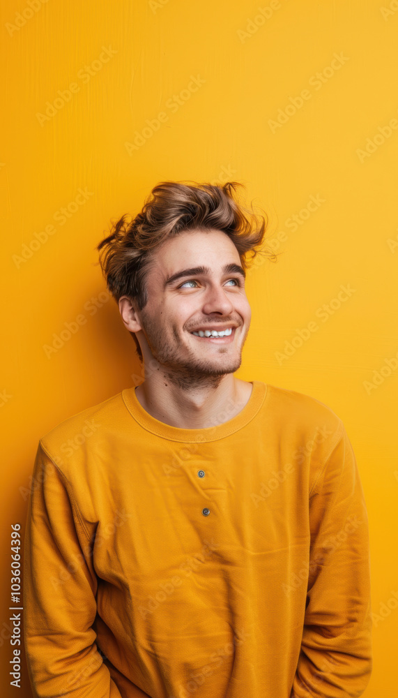 Obraz premium Playful Young Man Against Bright Yellow Background for Joyful, Lighthearted Designs