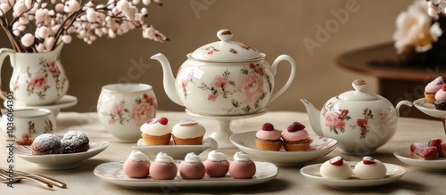 Wallpaper Mural Elegant tea set with floral pattern and dainty pastries on a white table. Torontodigital.ca