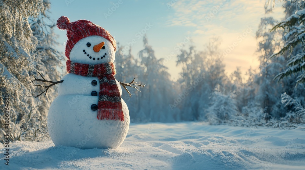 Fototapeta premium Cheerful snowman in winter forest at sunset