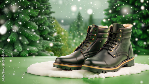 Pair of hiking boots on snowy ground with Christmas tree background during winter