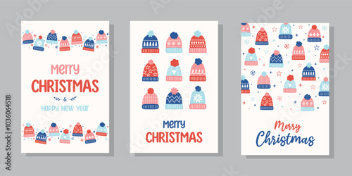 Collection of colourful Christmas posters in cartoon style. Greeting card decorated with cute hand drawn winter hats. Vector illustration