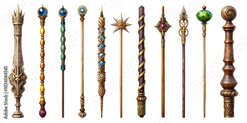 Set of magic wizard staff isolated on white background . AI GENERATED