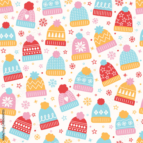 Colourful hand drawn winter hat background. Christmas seamless texture. Vector illustration