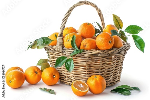 Oranges in wicker basket on white background.