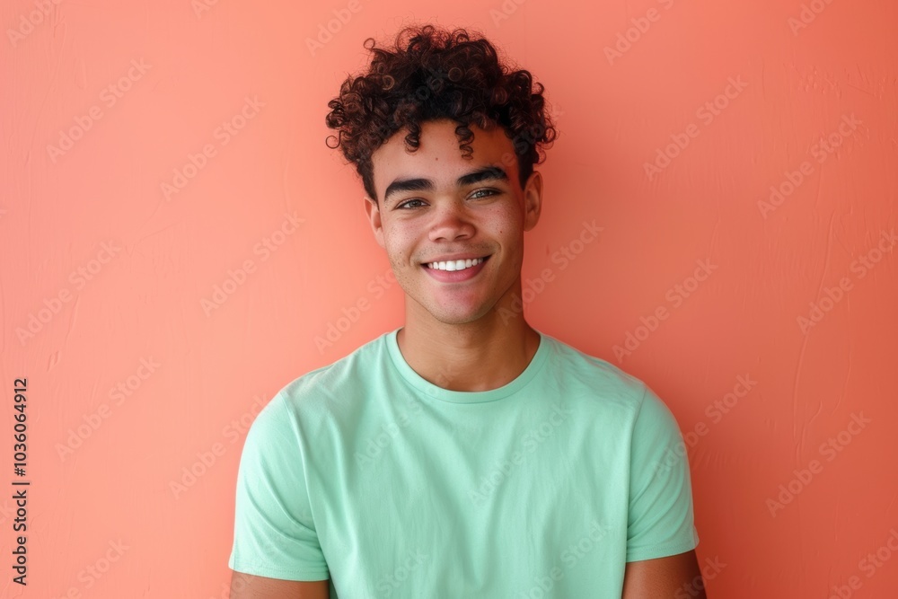 Relaxed Young Man in Pastel Green T-Shirt Against Coral Background for Lifestyle and Fashion Relaxed Young Man in Pastel Green T-Shirt Against Coral Background for Lifestyle and Fashion