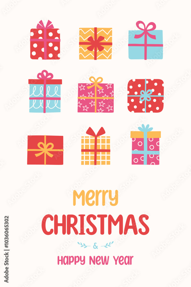 Christmas poster with funny hand drawn gift boxes. Vector illustration Christmas poster with funny hand drawn gift boxes. Vector illustration